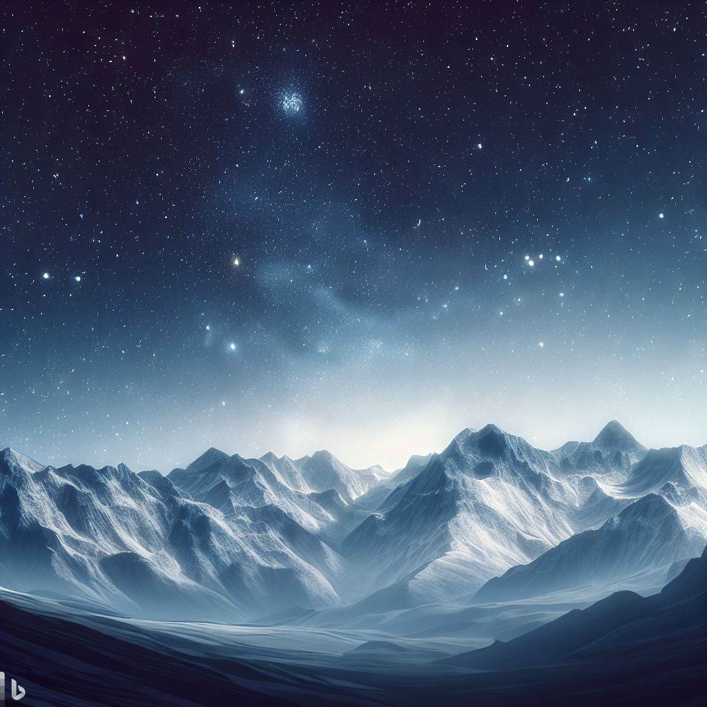 "En hisnande utsikt över snötäckta berg under en stjärnklar natthimmel Photorealism" - Rik på adjektiv för att ge mer liv åt bilden.