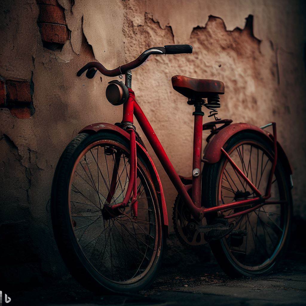 "En röd cykel vid en mur." Enkel beskriving med två element.