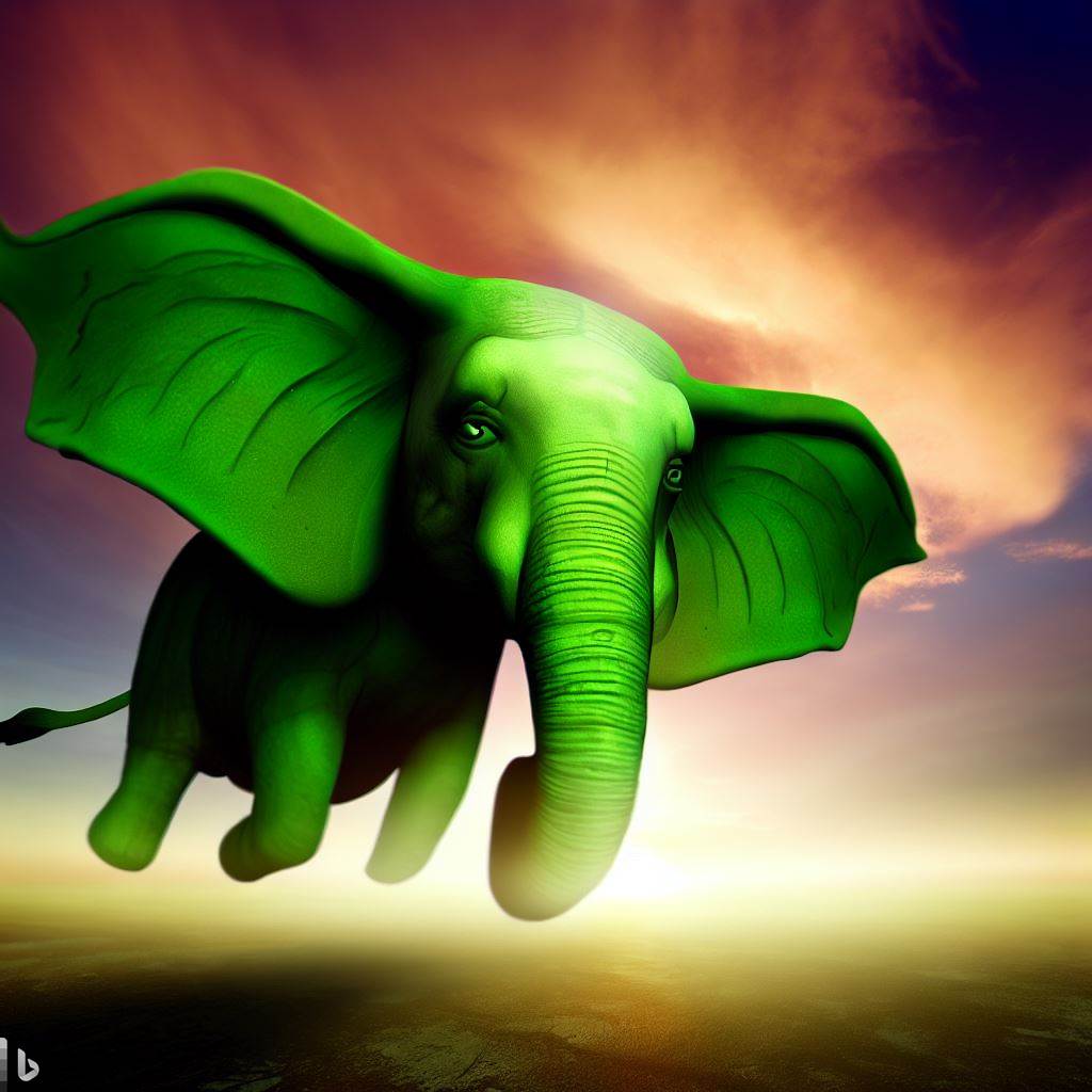 ”En surrealistisk bild av en grön elefant med vingar som flyger mot soluppgången” Kreativt och fantasifullt. Surrealismen passar perfekt för att avbilda denna ovanliga och fantasifulla scen.