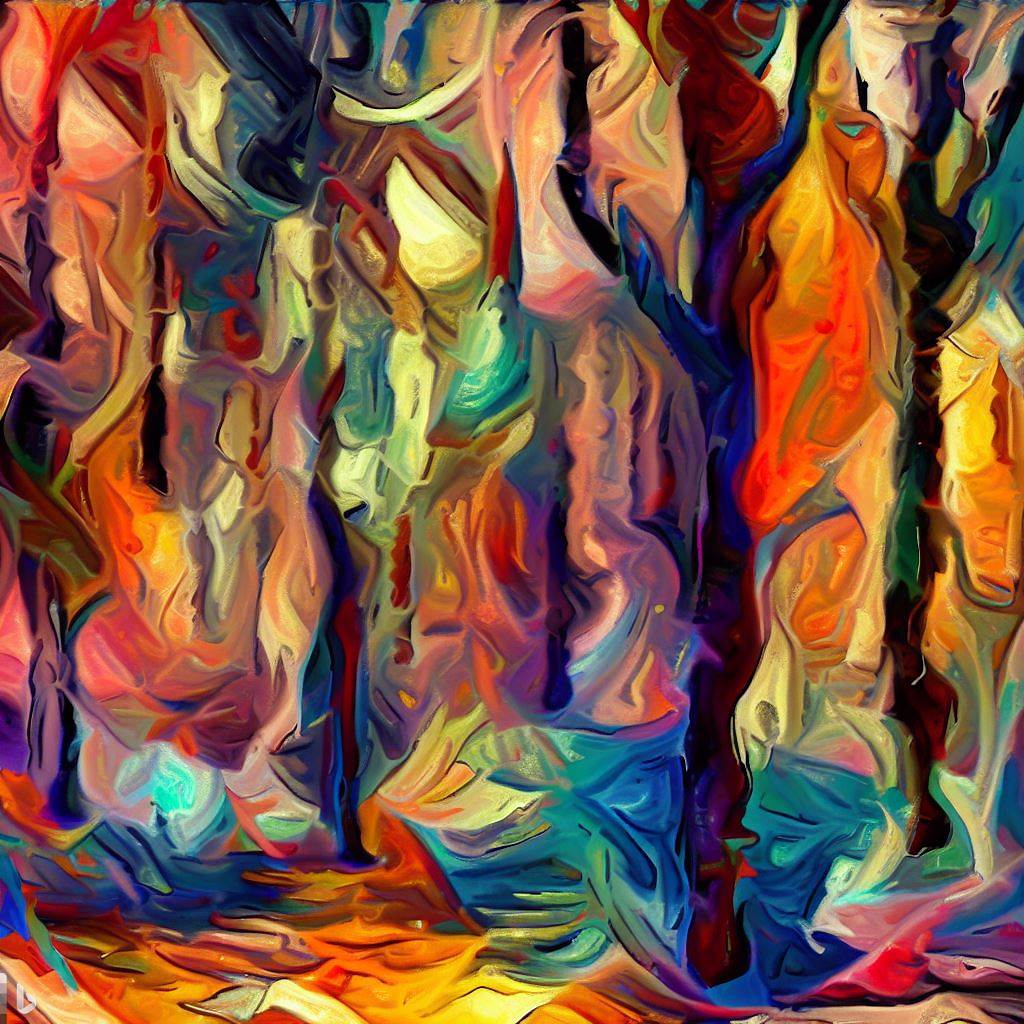 "En skog med träd lika färgglada som en konstnärs palett abstrakt expressionism som målat av Jackson Pollock" Träden jämförs med färger på en konstnärs palett, vilket skapar en idé om en otroligt färgstark skog och passar också med Pollocks abstrakta expressionism